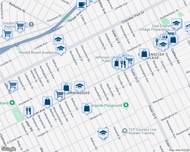 map of restaurants, bars, coffee shops, grocery stores, and more near 5027 Devonshire Road in Detroit