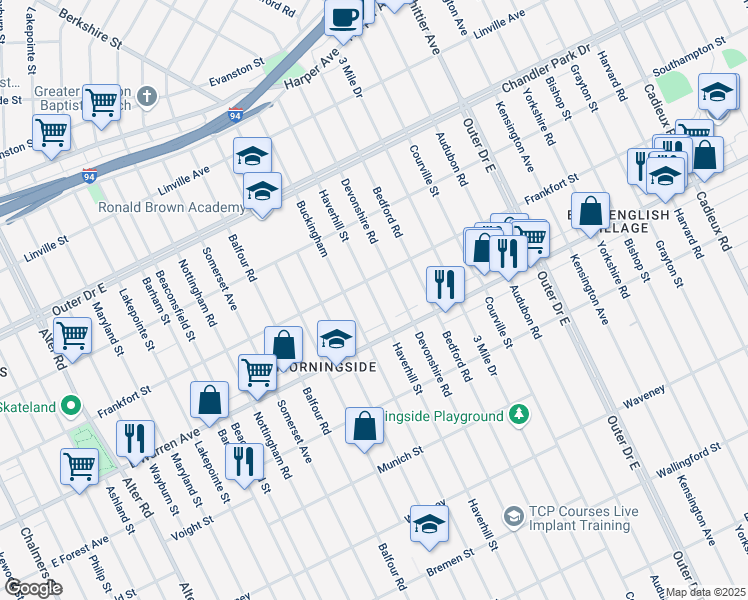 map of restaurants, bars, coffee shops, grocery stores, and more near 5066 Buckingham in Detroit