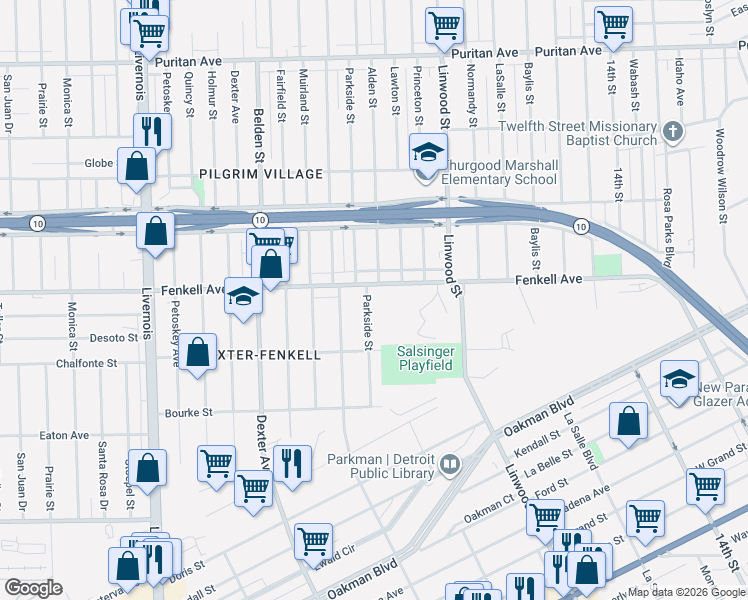 map of restaurants, bars, coffee shops, grocery stores, and more near 15080 Parkside Street in Detroit