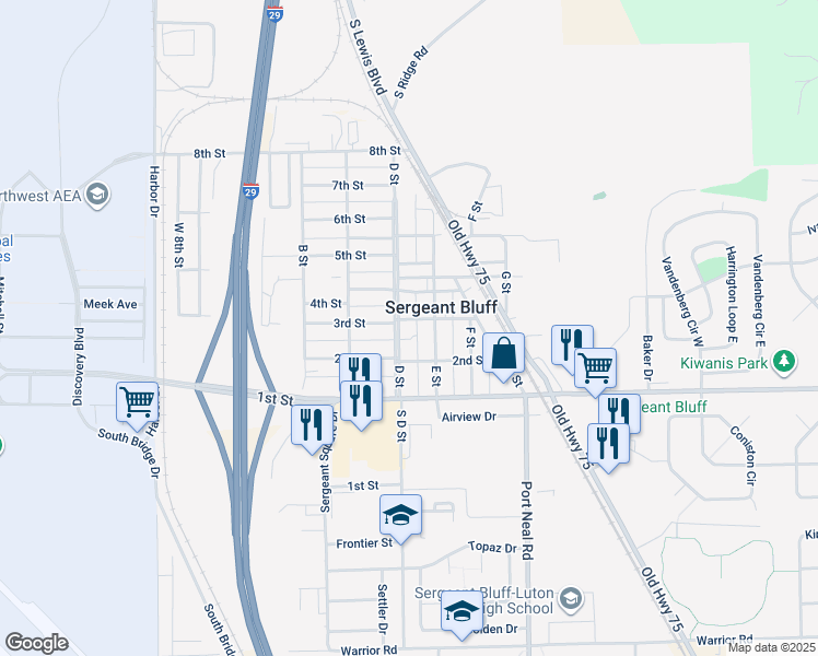 map of restaurants, bars, coffee shops, grocery stores, and more near 206 D Street in Sergeant Bluff
