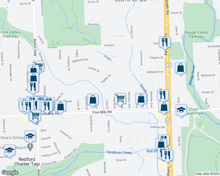 map of restaurants, bars, coffee shops, grocery stores, and more near 15445 Leona Drive in Redford Charter Township