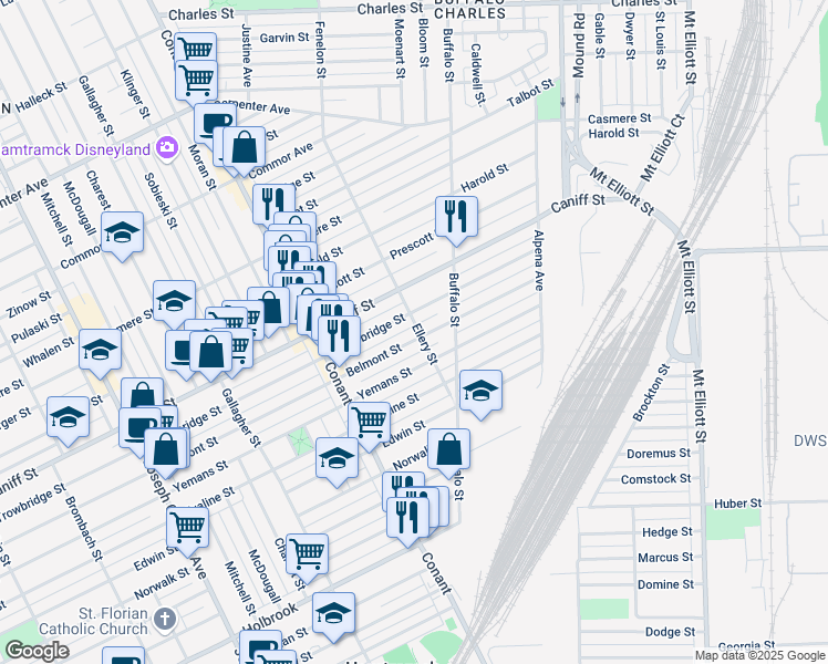 map of restaurants, bars, coffee shops, grocery stores, and more near 3958 Belmont Street in Hamtramck