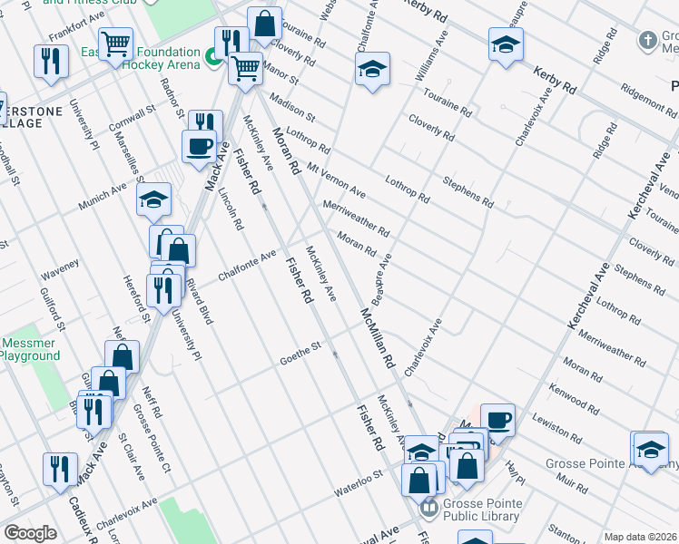 map of restaurants, bars, coffee shops, grocery stores, and more near 333 McMillan Road in Grosse Pointe Farms
