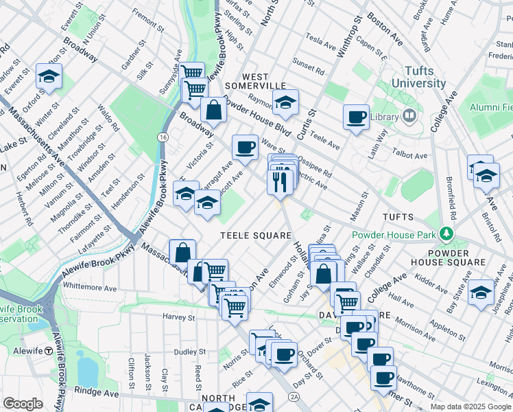 map of restaurants, bars, coffee shops, grocery stores, and more near 35 Newbury Street in Somerville