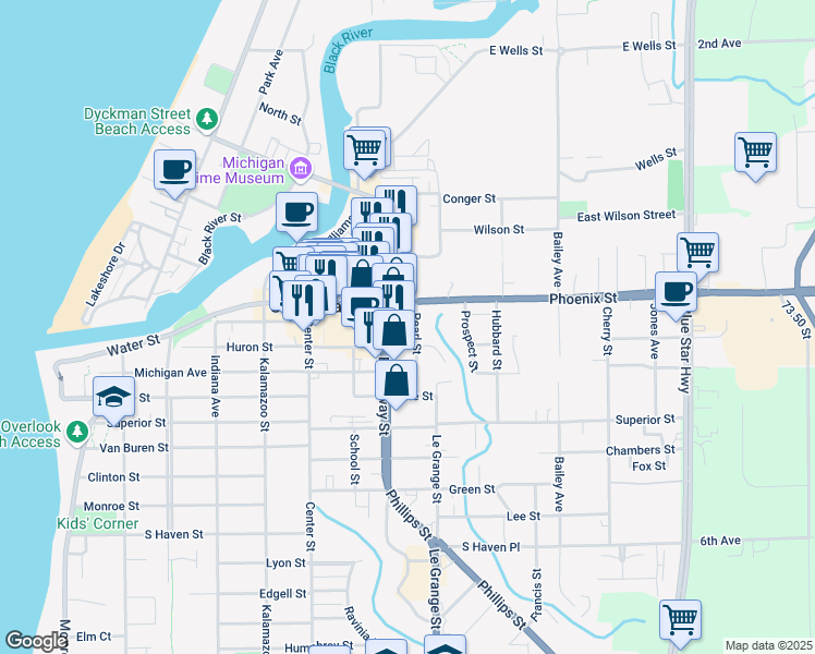 map of restaurants, bars, coffee shops, grocery stores, and more near 335 Pearl Street in South Haven