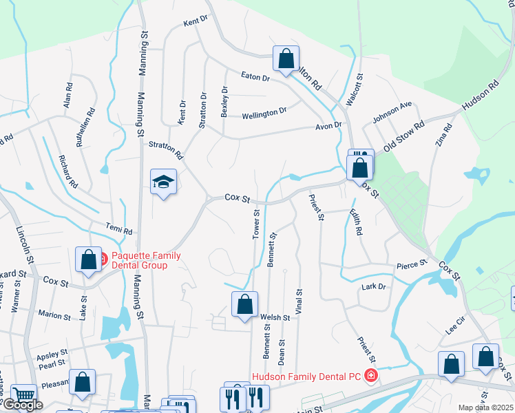 map of restaurants, bars, coffee shops, grocery stores, and more near 125 Tower Street in Hudson