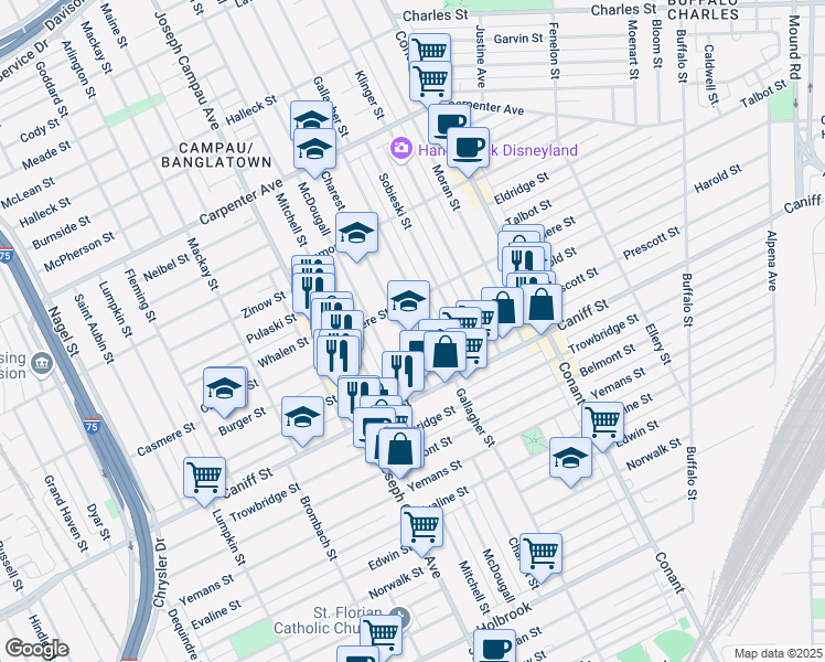 map of restaurants, bars, coffee shops, grocery stores, and more near 11410 Charest Street in Hamtramck