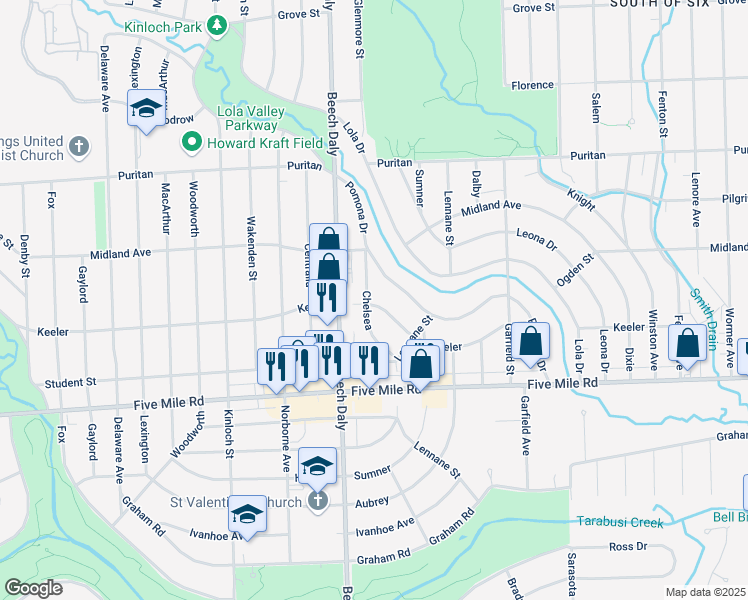 map of restaurants, bars, coffee shops, grocery stores, and more near 15504 Chelsea Street in Redford Charter Township