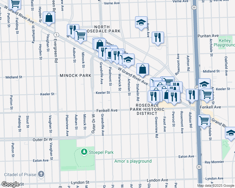 map of restaurants, bars, coffee shops, grocery stores, and more near 15351 Warwick Street in Detroit