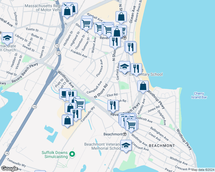 map of restaurants, bars, coffee shops, grocery stores, and more near 37 Clark Road in Revere