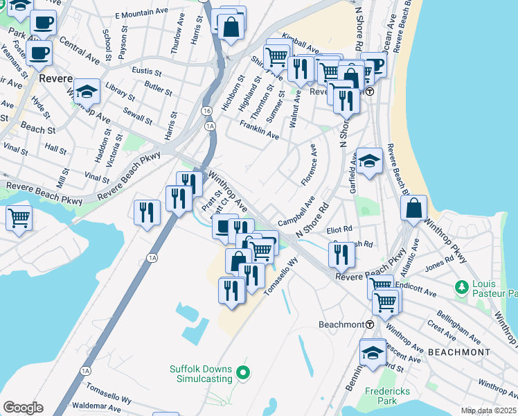 map of restaurants, bars, coffee shops, grocery stores, and more near 400 Winthrop Avenue in Revere