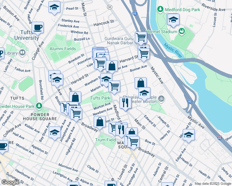 map of restaurants, bars, coffee shops, grocery stores, and more near in Medford