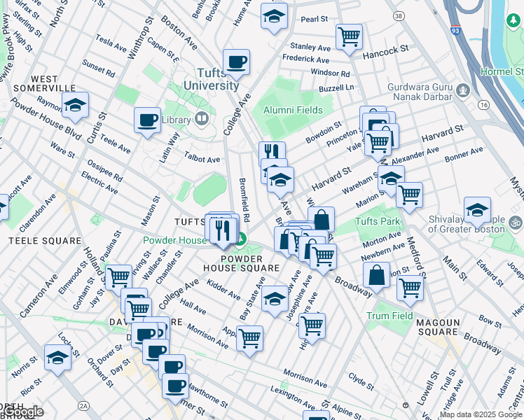 map of restaurants, bars, coffee shops, grocery stores, and more near 37 Warner Street in Somerville