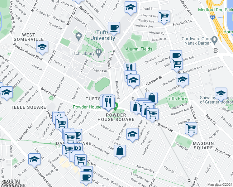 map of restaurants, bars, coffee shops, grocery stores, and more near 153 College Avenue in Somerville