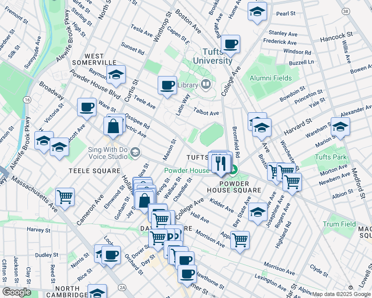 map of restaurants, bars, coffee shops, grocery stores, and more near 27 Burnham Street in Somerville