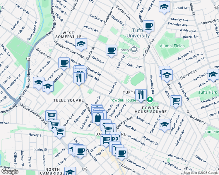 map of restaurants, bars, coffee shops, grocery stores, and more near 2 Whitman Street in Somerville