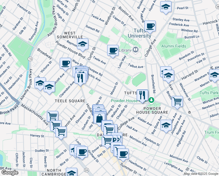 map of restaurants, bars, coffee shops, grocery stores, and more near 2 Whitman Street in Somerville