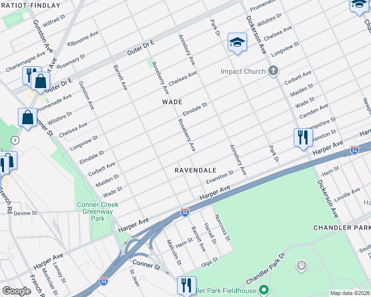 map of restaurants, bars, coffee shops, grocery stores, and more near 12081 Wade Street in Detroit