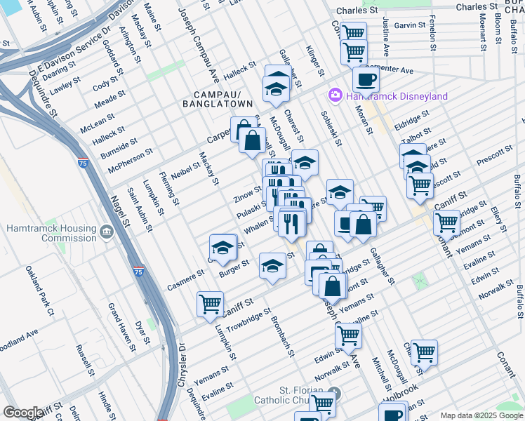 map of restaurants, bars, coffee shops, grocery stores, and more near 2682 Whalen Street in Hamtramck