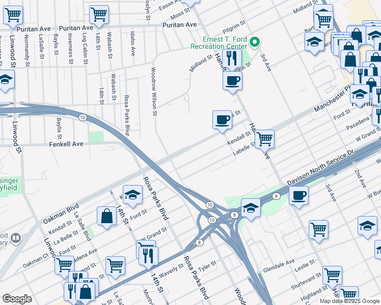 map of restaurants, bars, coffee shops, grocery stores, and more near 1521 Kendall Street in Detroit