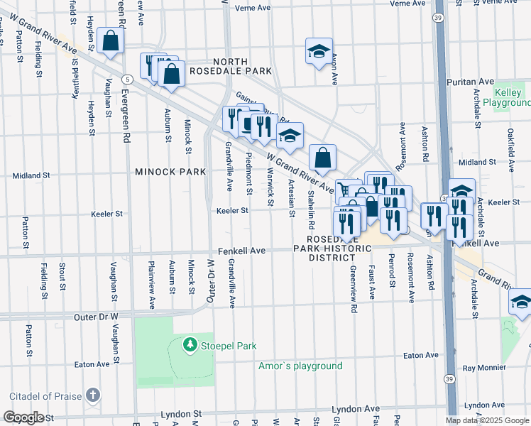 map of restaurants, bars, coffee shops, grocery stores, and more near 15351 Warwick Street in Detroit