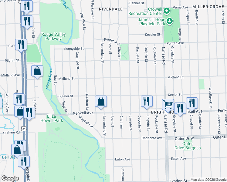 map of restaurants, bars, coffee shops, grocery stores, and more near 15379 Chatham in Detroit