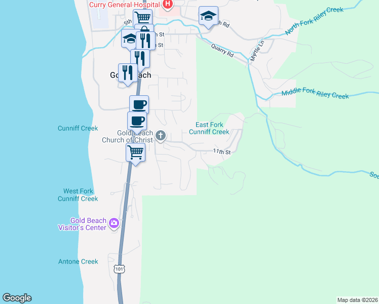 map of restaurants, bars, coffee shops, grocery stores, and more near 94254 11th Street in Gold Beach