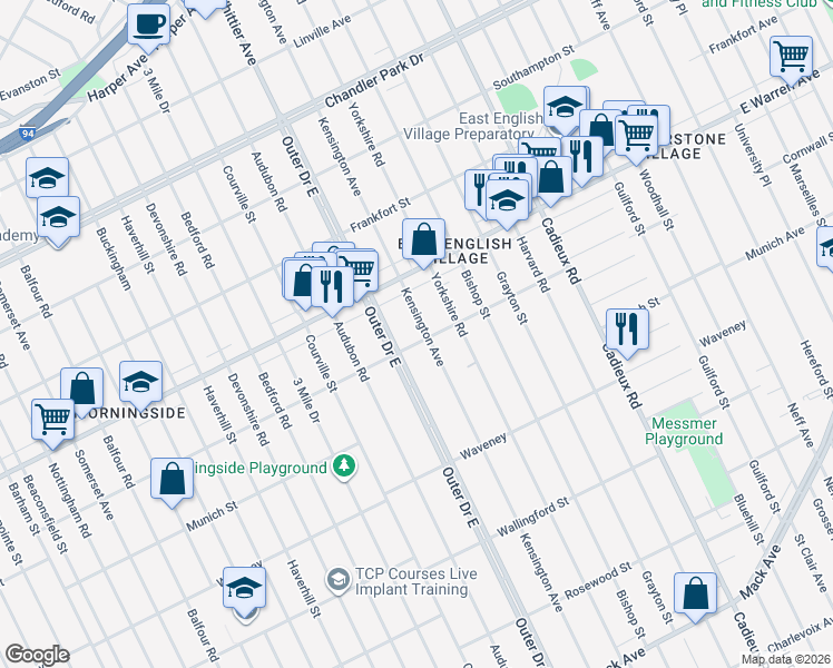 map of restaurants, bars, coffee shops, grocery stores, and more near 4811 Kensington Avenue in Detroit