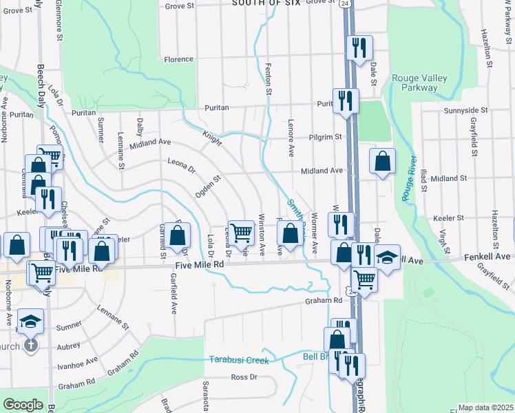map of restaurants, bars, coffee shops, grocery stores, and more near 15439 Winston in Redford Charter Township