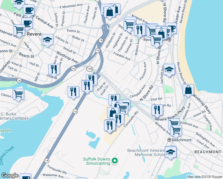 map of restaurants, bars, coffee shops, grocery stores, and more near 394 Revere Beach Parkway in Revere