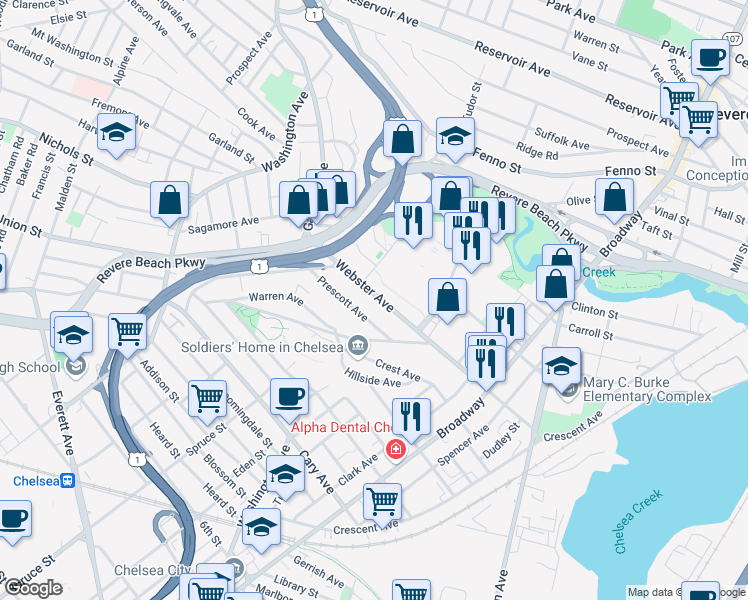 map of restaurants, bars, coffee shops, grocery stores, and more near 192 Webster Avenue in Chelsea