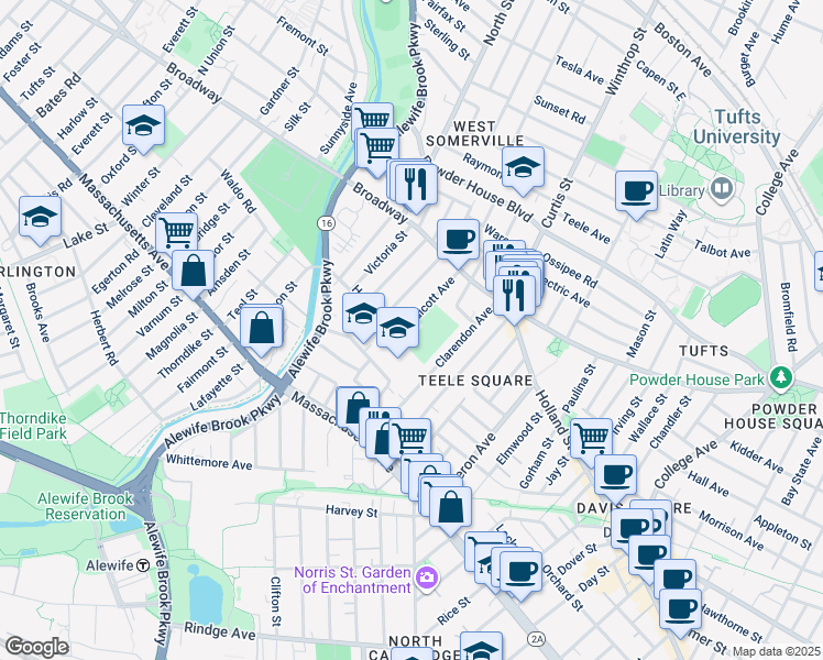 map of restaurants, bars, coffee shops, grocery stores, and more near 68 Endicott Avenue in Somerville