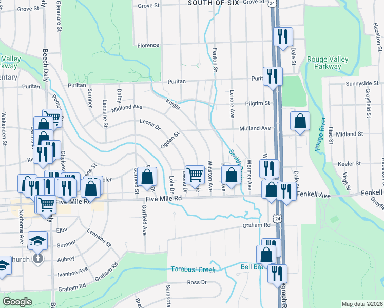 map of restaurants, bars, coffee shops, grocery stores, and more near 15416 Leona Drive in Redford Charter Township