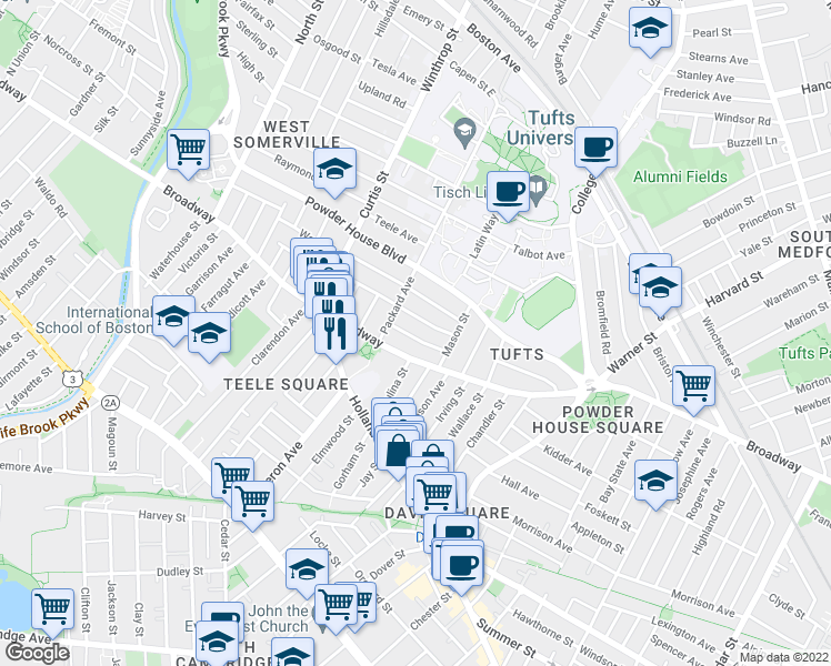 map of restaurants, bars, coffee shops, grocery stores, and more near 35 Whitman Street in Somerville