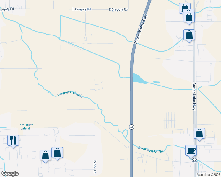map of restaurants, bars, coffee shops, grocery stores, and more near 5900 Peace Lane in Central Point