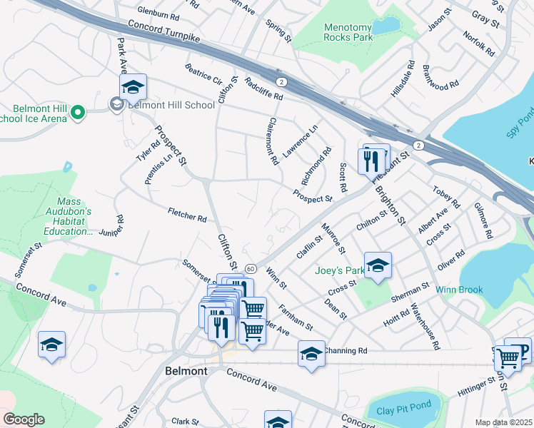 map of restaurants, bars, coffee shops, grocery stores, and more near 15 Barbara Road in Belmont
