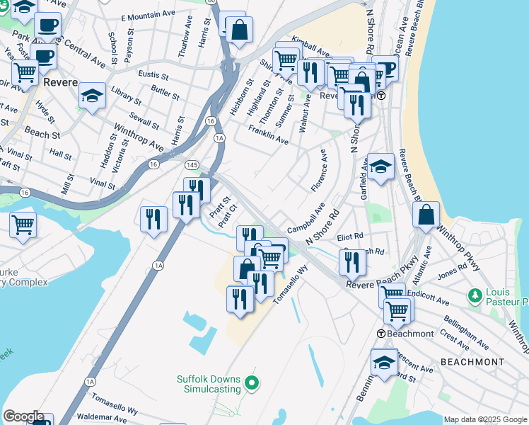 map of restaurants, bars, coffee shops, grocery stores, and more near 400 Winthrop Avenue in Revere