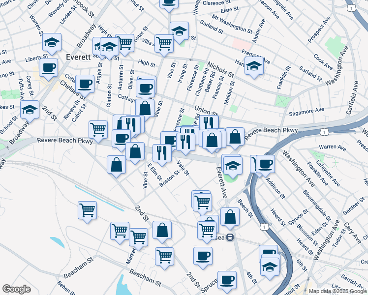 map of restaurants, bars, coffee shops, grocery stores, and more near 1744 Massachusetts 16 in Everett