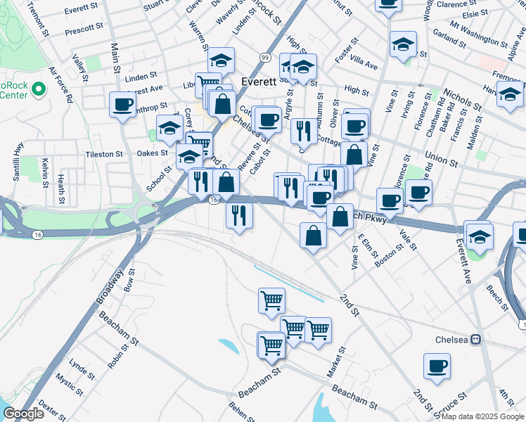 map of restaurants, bars, coffee shops, grocery stores, and more near 35 Garvey Street in Everett