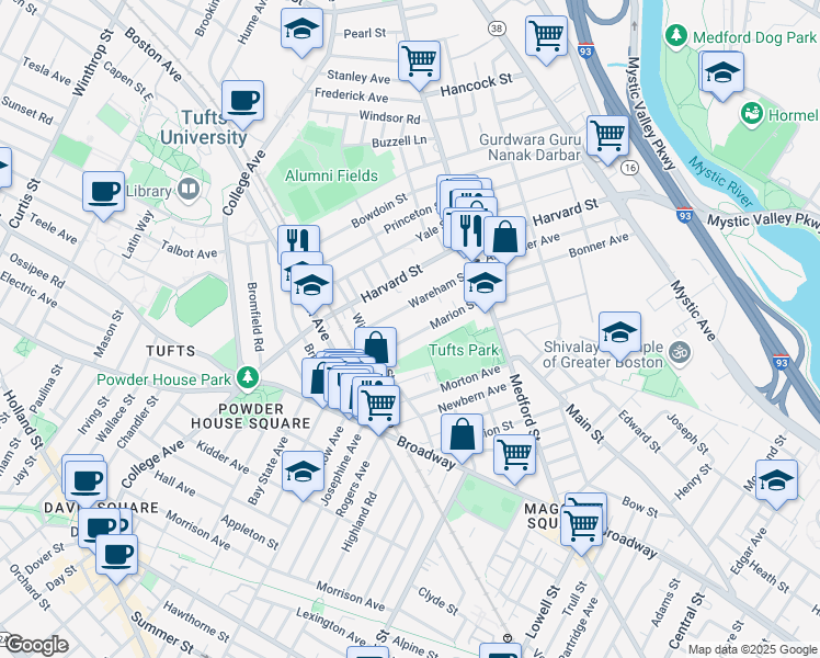map of restaurants, bars, coffee shops, grocery stores, and more near 70 Marion Street in Medford