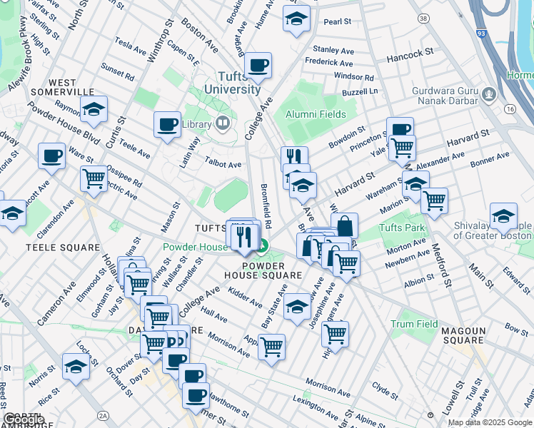 map of restaurants, bars, coffee shops, grocery stores, and more near 153 College Avenue in Somerville