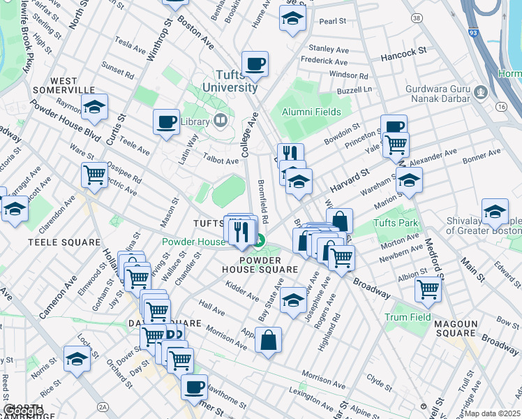 map of restaurants, bars, coffee shops, grocery stores, and more near 153 College Avenue in Somerville