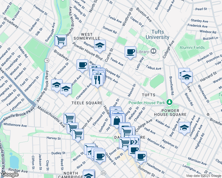 map of restaurants, bars, coffee shops, grocery stores, and more near 1060 Broadway in Somerville