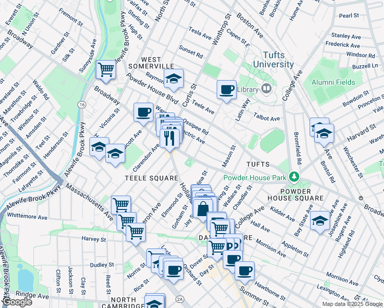 map of restaurants, bars, coffee shops, grocery stores, and more near 1060 Broadway in Somerville