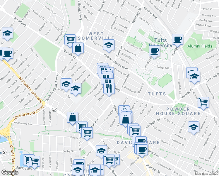 map of restaurants, bars, coffee shops, grocery stores, and more near 12 Moore Street in Somerville