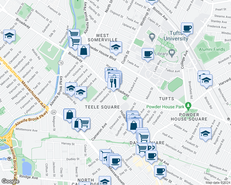 map of restaurants, bars, coffee shops, grocery stores, and more near 12 Moore Street in Somerville