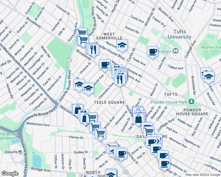 map of restaurants, bars, coffee shops, grocery stores, and more near 35 Newbury Street in Somerville