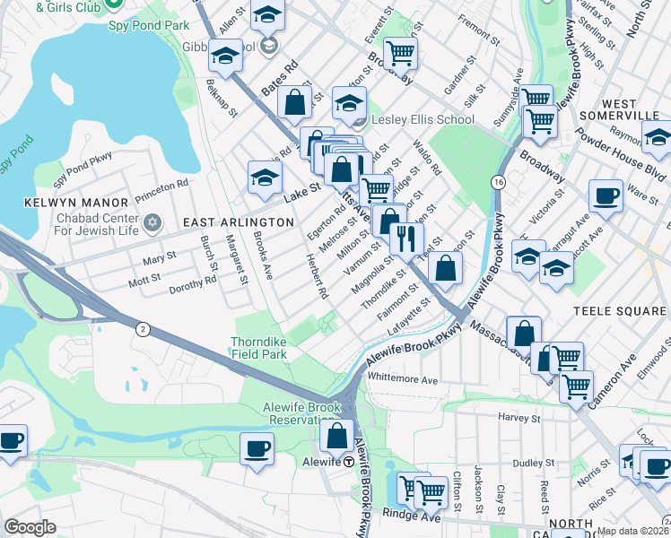 map of restaurants, bars, coffee shops, grocery stores, and more near 64-66 Varnum Street in Arlington