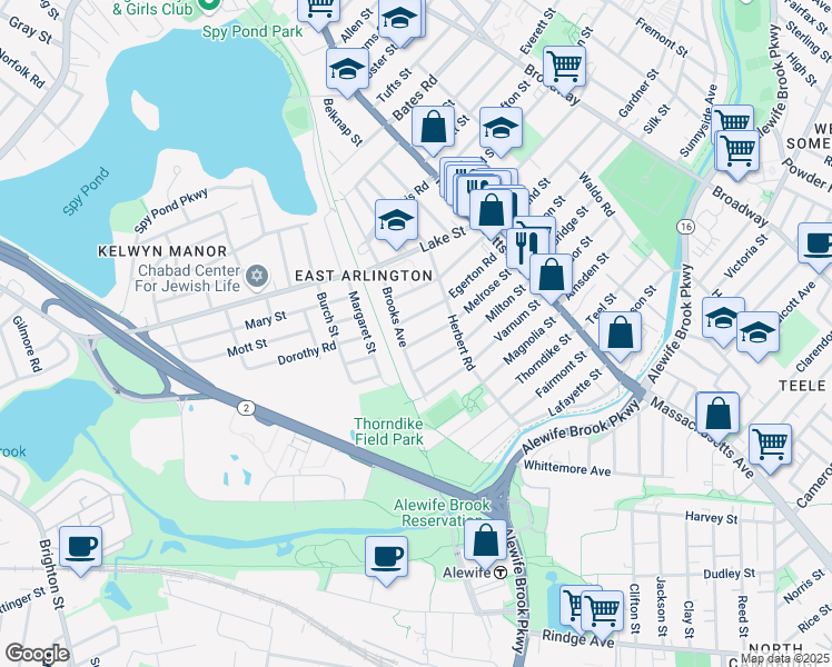 map of restaurants, bars, coffee shops, grocery stores, and more near 33 Brooks Avenue in Arlington