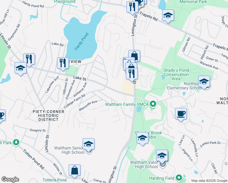 map of restaurants, bars, coffee shops, grocery stores, and more near 54 Lake Street in Waltham